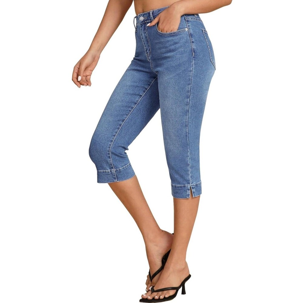 Capri Jeans Women Trendy High Waisted Slim Split Hem Stretch Denim Cropped SizeL